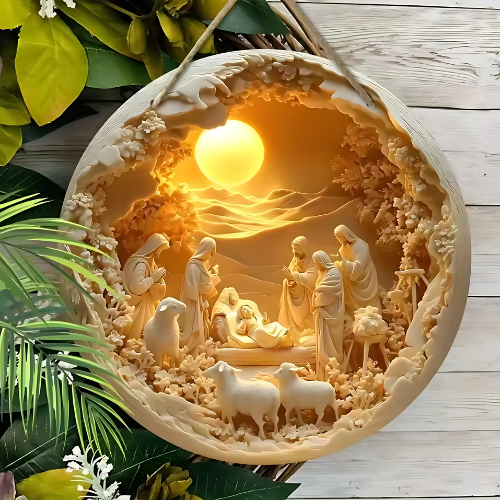 2D Nativity Scene Wooden Sign Religious Relief Effect Design Jesus Born Wreath Sign for Church Front Door Wall Hanging Decor