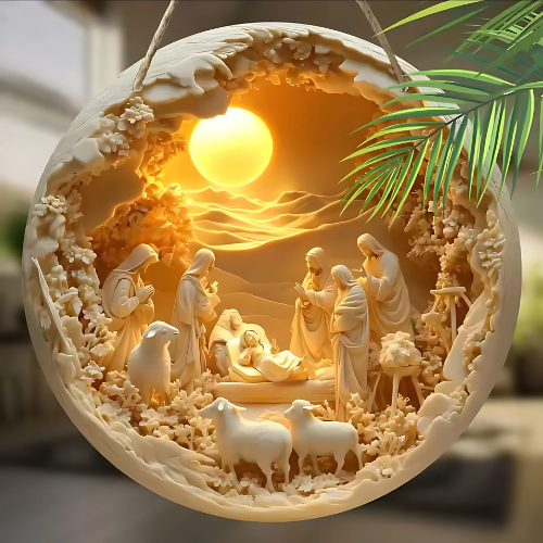 2D Nativity Scene Wooden Sign Religious Relief Effect Design Jesus Born Wreath Sign for Church Front Door Wall Hanging Decor